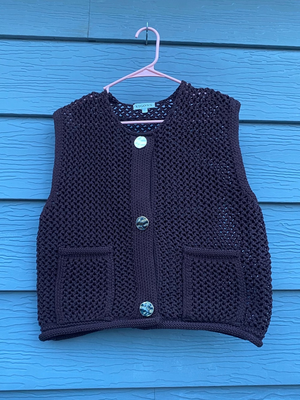 Vigoss Brown woman’s Crochet Button-Front Vest with Pockets